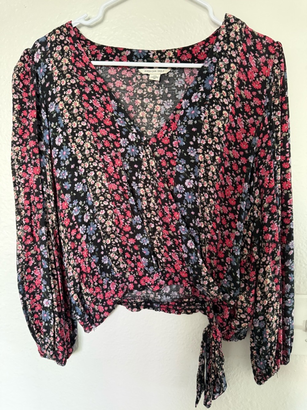 American Eagle Outfitters Black Floral Wrap Top - Pink & Blue Flower Print